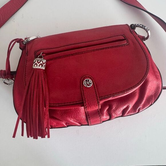 Vintage Brighton Red Leather Crossbody Bag With Tassel And Heart Charm - Picture 6 of 10